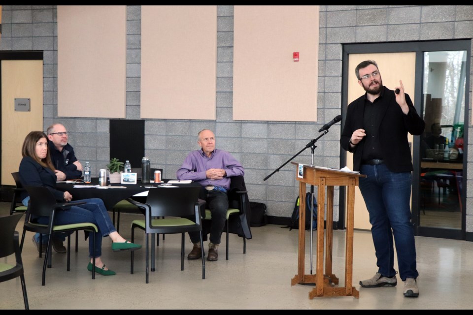 Kyle White, director of education at Saskatoon-based Co-operatives First, makes a point during his Innisfail presentation on March 13. He told his audience that since the mid-2010s there has been an "uptick'" in interest for co-operatives, especially ones for small towns. Johnnie Bachusky/MVP Staff