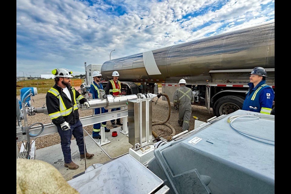 A tank truck at Innisfail's Deep Sky Alpha faciity is being filled with the company's first ever shipment of CO2 on Aug. 19. It was then transported to a deep underground storage unit in northern Alberta. 
Photo courtesy of Deep Sky Alpha