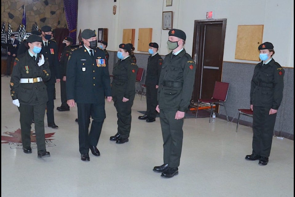 Lt.-Col. Graham Longhurst, the Commanding Officer for 41 service Battalion out of Calgary, centre doing an inspection, presided over the Didsbury 3025 Service Battalion Royal Canadian Army Cadet Corps recent change of command ceremony at the Didsbury Elks Hall. The cadets is a national youth program sponsored by the Canadian Armed Forces and the civilian Army Cadet League of Canada, with high command continuing to observe COVID-19 precautions including masking and physical distancing. 