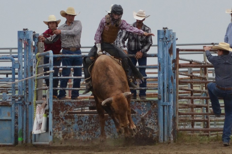 Beau Gardner comes out of the chute on top of Rif Raf during the Saturday performance of
junior bull riding. 
Lea Smaldon/MVP Staff