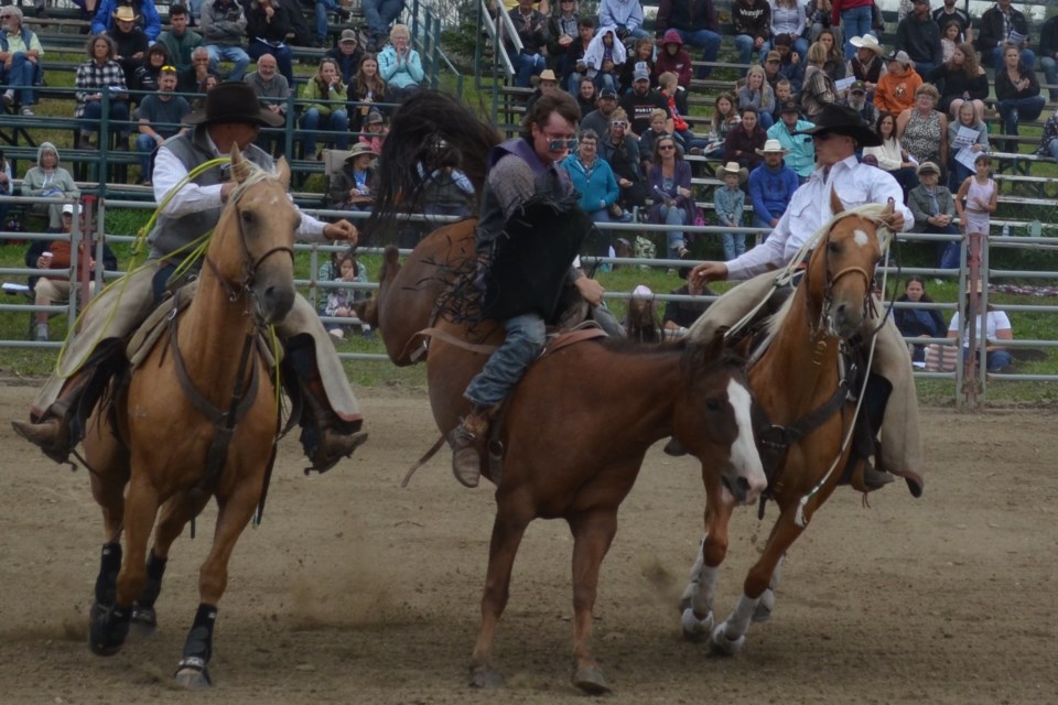 Jaxon Campbell wins the bareback event at the Didsbury FCA rodeo with a 60 score on Saturday.