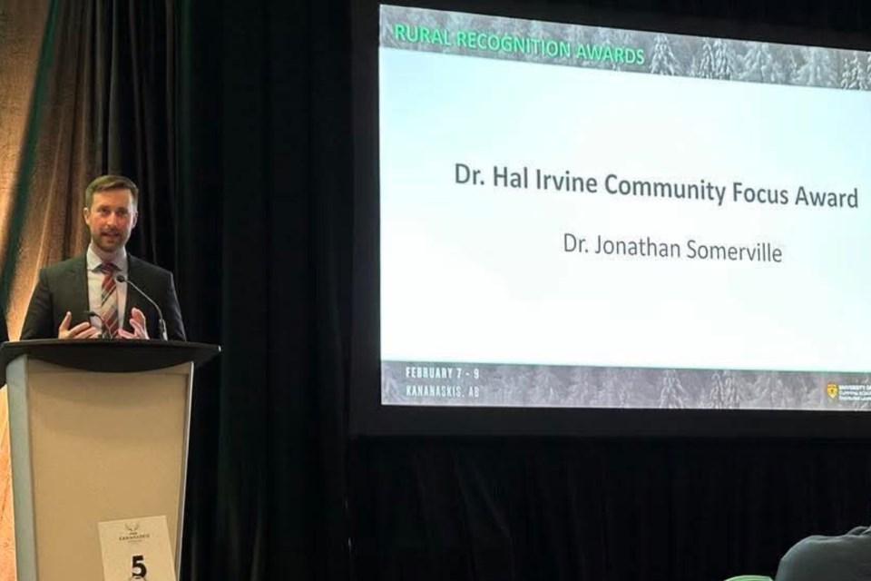 Dr. Jonathan Somerville, who is on the panel at Greenwood Family Physicians, was presented the Dr. Hal Irvine Community Focus Award earlier in February during the University of Calgary’s Cumming School of Medicine’s 2025 Cabin Fever conference in Kananaskis. 
Sundre Hospital Futures Committee Facebook  