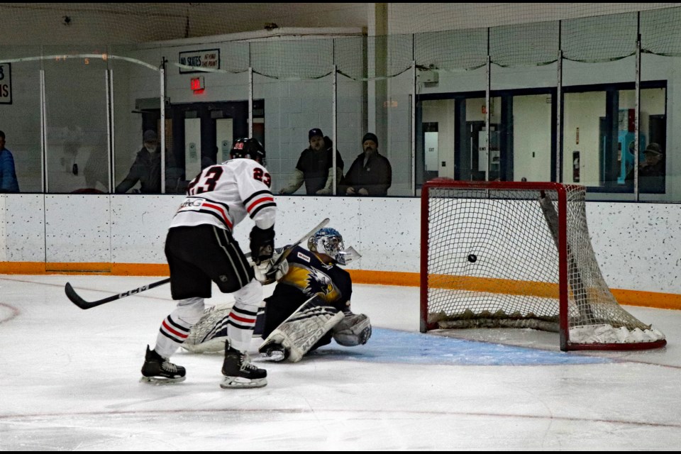 Stony Plain goalie Wyatt Hoflin watches the puck go into the net after a second period shot from Innisfail's Pierre-Luc Mercier. The Birds of Innisfail won the game on Dec. 16 by a margin of 7-5. Johnnie Bachusky/MVP Staff