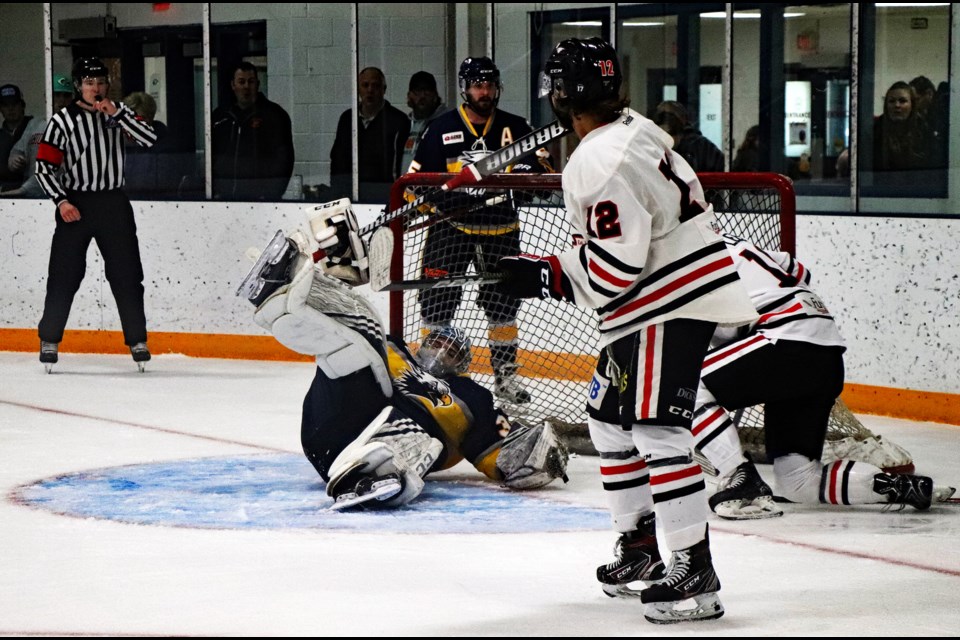 Intense second period action around Stony Plain netminder Wyatt Hoflin during his team's last regular season game against the Innisfail Eagles on Feb. 17. Innisfail won the game 9-3. Johnnie Bachusky/MVP Staff