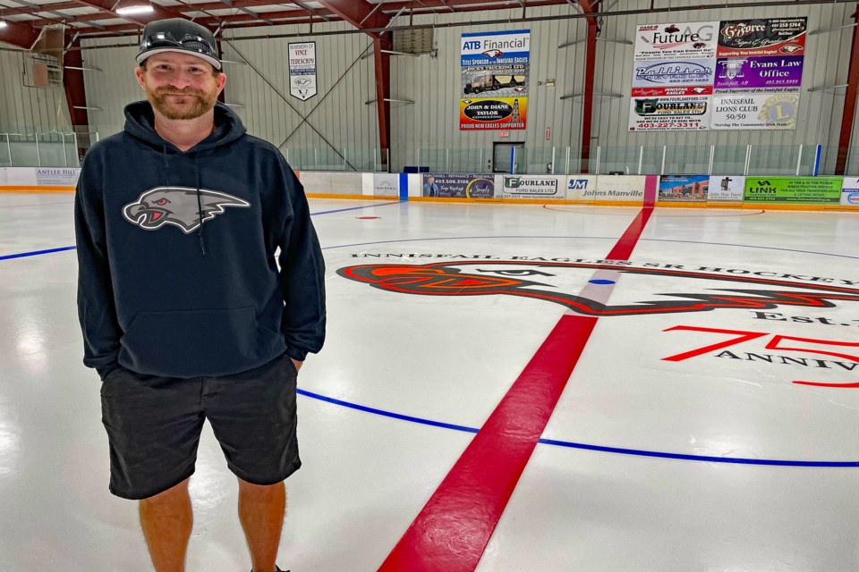 Kent Wing, director of hockey operations for the Innisfail Eagles, was at the Innisfail Twin Arena last week just after the team's logo was created at centre ice of the blue rink. Wing said all team officials and players are excited over the revival of triple A senior men's hockey in the rejuvenated Chinook Hockey League. Johnnie Bachusky/MVP Staff