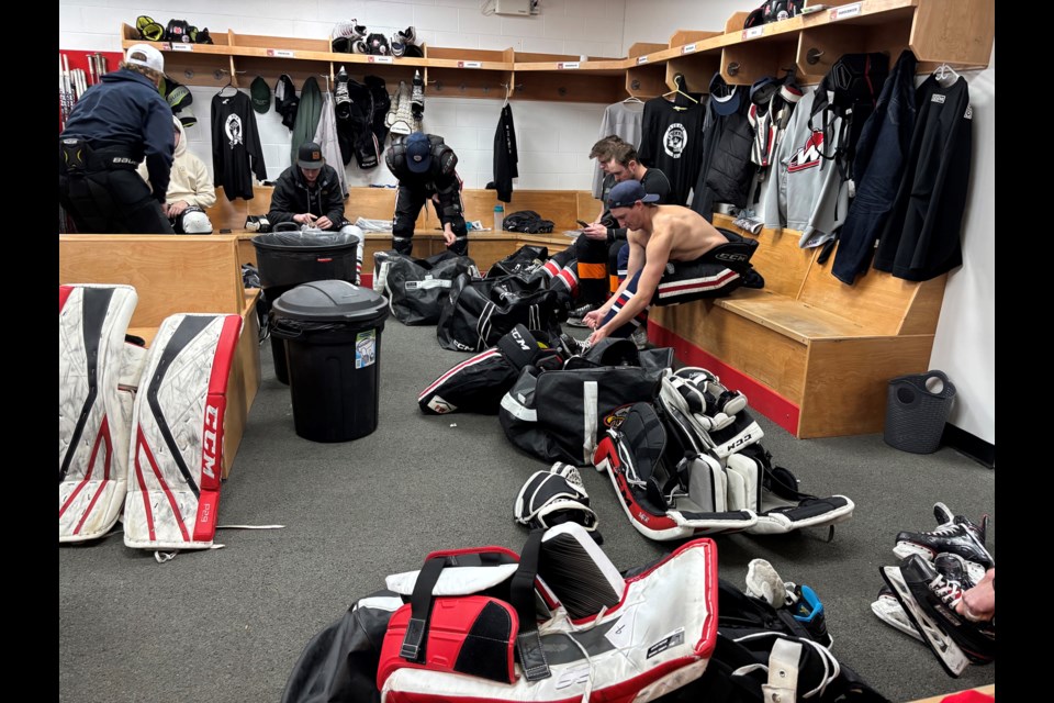 Innisfail Eagles players get dressed for the season's final practice of the 2024/25 season. Before the practice the team had hoped to go to Lethbridge from April 3 to 6 to claim the 2024/25 Hockey Alberta Senior Men’s AA Provincial championship but the tourney was cancelled on March 26. Johnnie Bachusky/MVP Staff