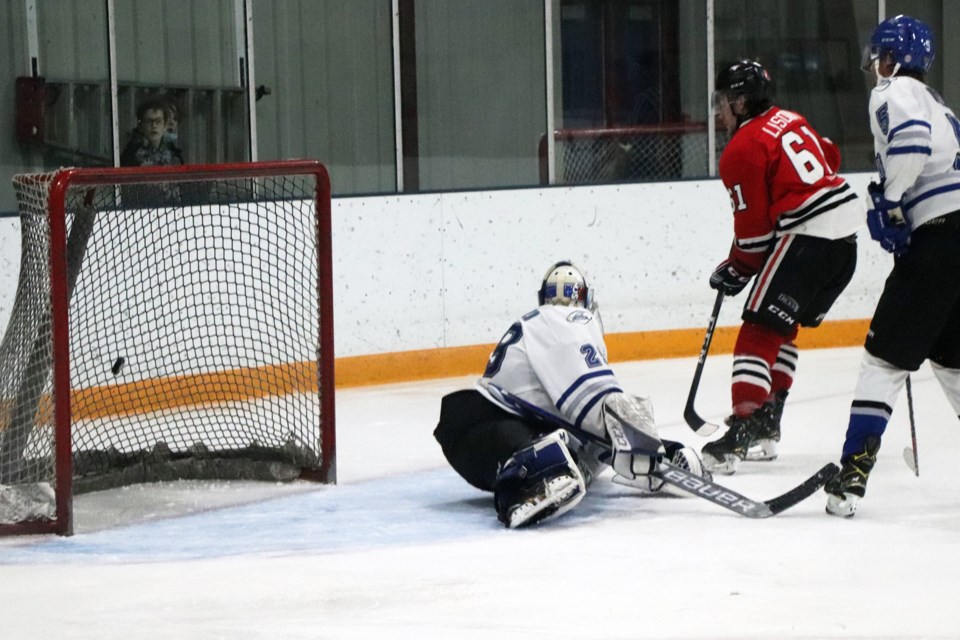 The Innisfail Eagles' Quintin Lisoway scores the go-ahead goal against the Lethbridge Lightning in the second period of the game on Jan. 29 at the Arena. The Eagles went on to win 5 - 1, with Lisoway scoring two goals. Johnnie Bachusky/MVP Staff