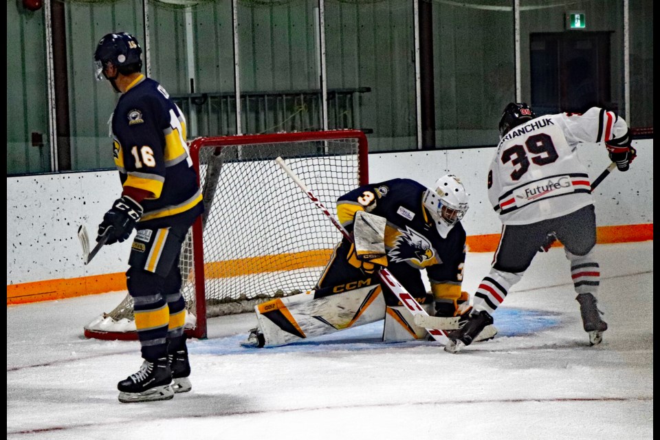 Innisfail forward Michael Marianchuk at the Stony Plain net in the third period of the Eagles' season opening game in Innistail on Oct. 21. Marianchuk scored twice for Innisfail in a 7-6 overtime loss. Johnnie Bachusky/MVP Staff