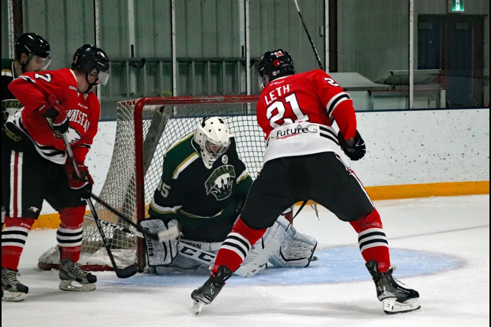 Innisfail's Braiden Leth drives to the Powell River Regals' net and scores the Eagles' eighth and final goal in the third period of the second of two games between the two teams on Jan. 27. The night before Innisfail defeated Powell River 7 - 4. The Eagles took the second game by a score of 8 - 3.  Johnnie Bachusky/MVP Staff