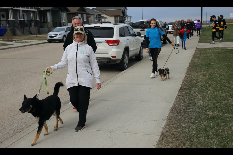The first walkers head out on the route in Olds during the annual Mountain View Hospice Society’s Hike for Hospice fundraiser. Photo by Doug Collie/MVP Staff
