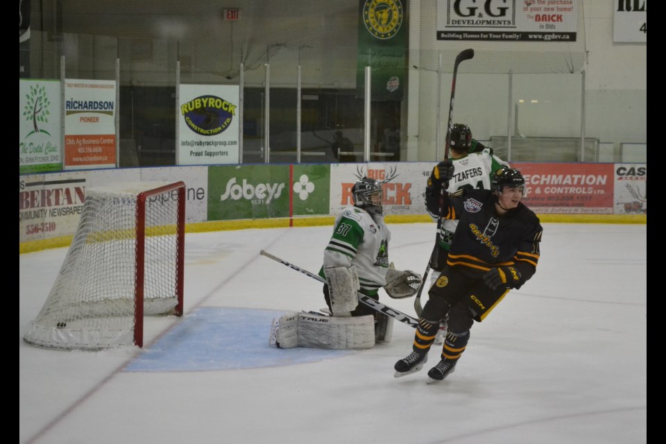A Grizzlys goal is celebrated during an Alberta Junior Hockey League game between the Olds Grizzlys and Drayton Valley Thunder Oct. 29 at the Olds Sportsplex. Drayton Valley won, 7-2.