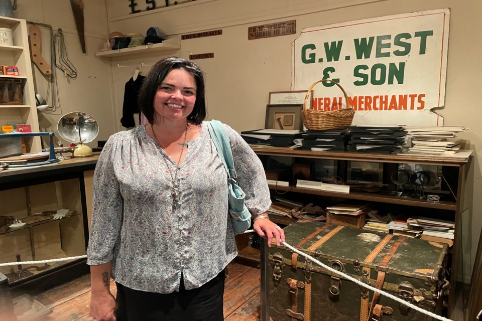 Shelly Mitchell, the great-great granddaughter of G.W. West, in the mock-up general store display inside the Bowden Train Station at the Innisfail and District Historical Village. She and her two daughters are fully supportive of the plan to honour G.W. West and other pioneer families at next year's 120th anniversary festivities for the Town of Innisfail's incorporation. 
Johnnie Bachusky/MVP Staff