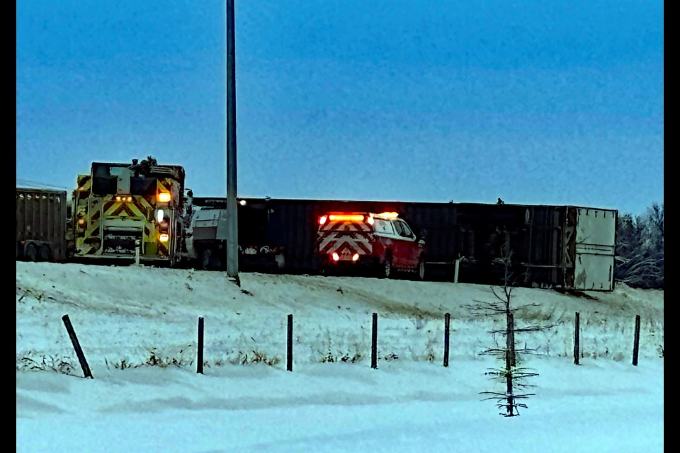 Emergency responders on Highway 2 near Bowden were at the scene on Nov. 27, 2024 for a semi flipped on its side.  
Johnnie Bachusky/MVP Staff