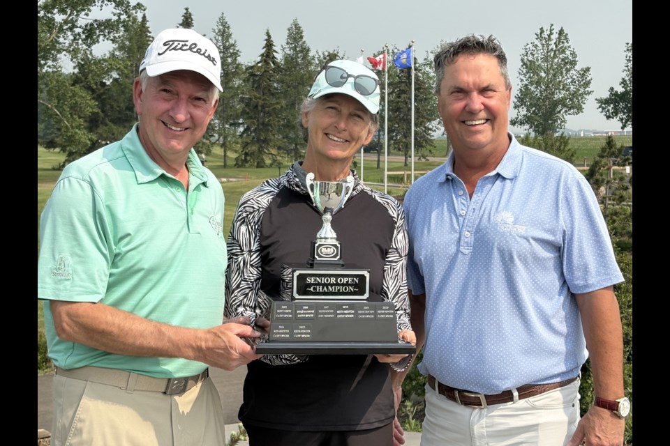 Winners of the 2025 HUB Insurance Senior Golf tournament at the Olds Golf Club are, from left, Ken Griffiths for the men and Cathy Spicer for the women. Looking on is sponsor Wade Bearchell , a former pro/manager at the club..
Photo submitted