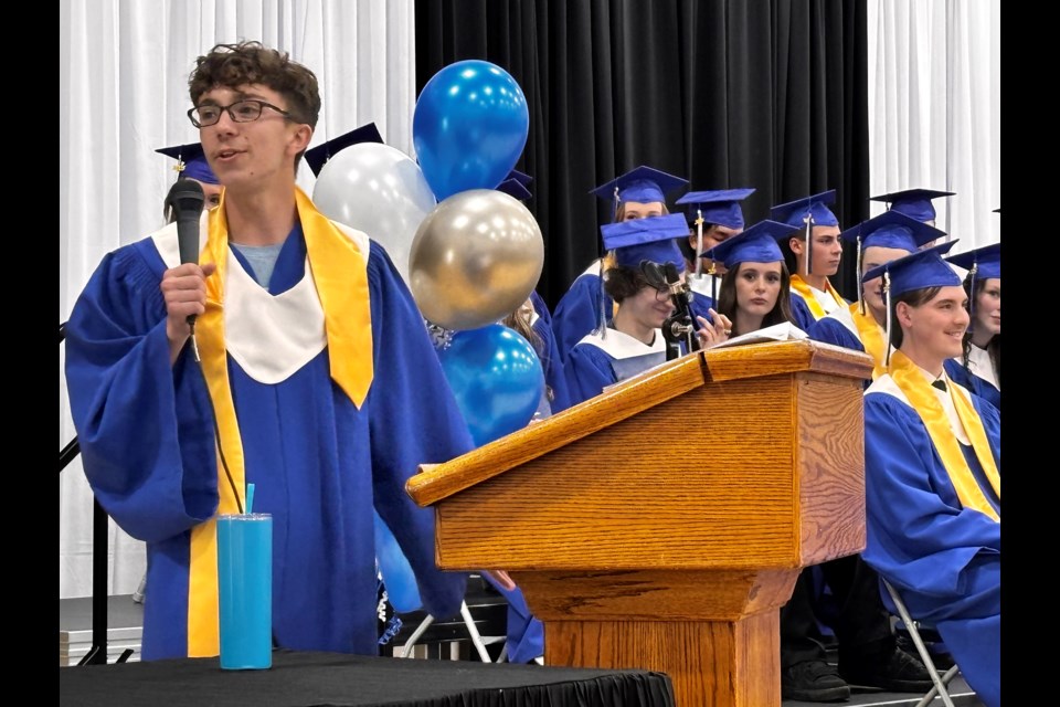 Valedictorian Liam Carlson gave a heartfelt address of gratitude to the audience attending the 2025 graduation ceremony at Innisfail High School. Johnnie Bachusky/MVP Staff
