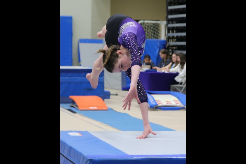 Adalyn Enns practises vaulting during the Hay City Classic gymnastics competition, hosted by the Imagine Gym Club March 9-10 at the Ralph Klein Centre.