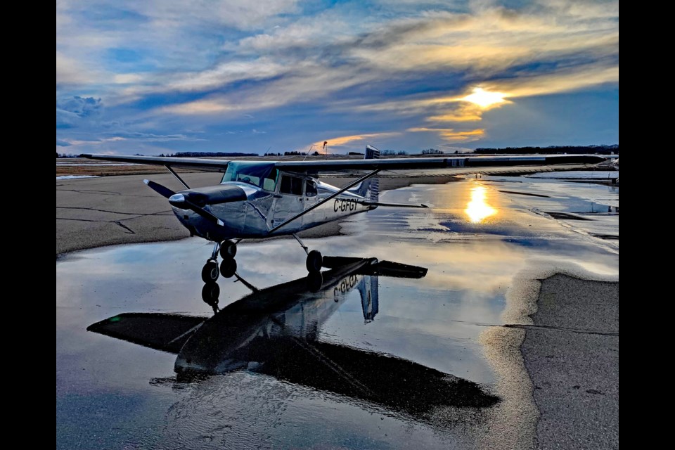 A plane on the main runway at Big Bend Airport, located about 10 kilometres northwest of Innisfail. Red Deer County, at the request of the Innisfail Flying Club, is seeking the Town of Innisfail's support to acquire a provincial grant under the Strategic Transportation Infrastructure Program to replace the airport's main runway. Submitted photo  