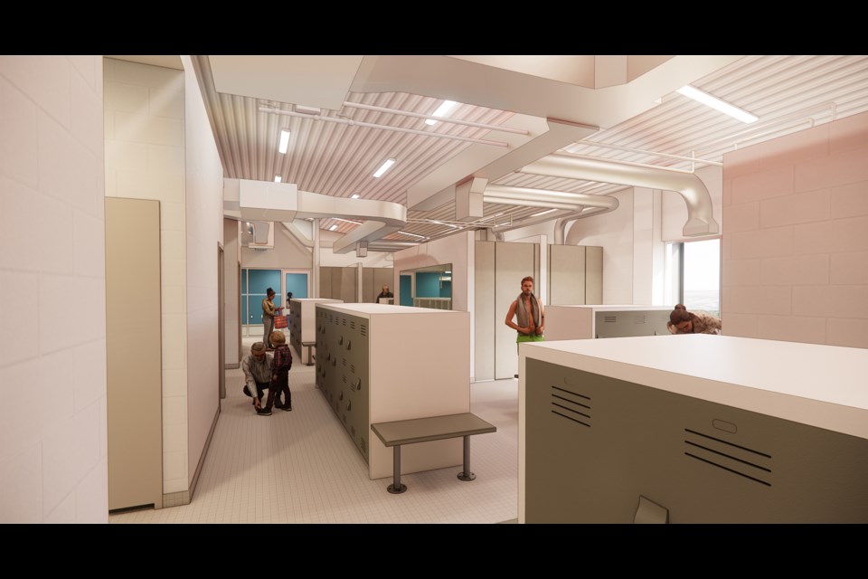 An artist representation of the planned change area for the universal changeroom at the modernized Innisfail Aquatic Centre. Town of Innisfail graphic