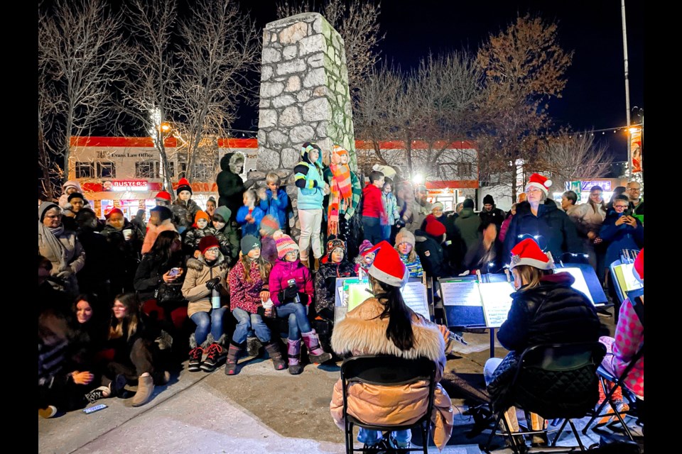 A large crowd gathered on and around the cenotaph in front of the Innisfail High School Band before the annual lighting of the downtown Christmas tree. Johnnie Bachusky/MVP Staff