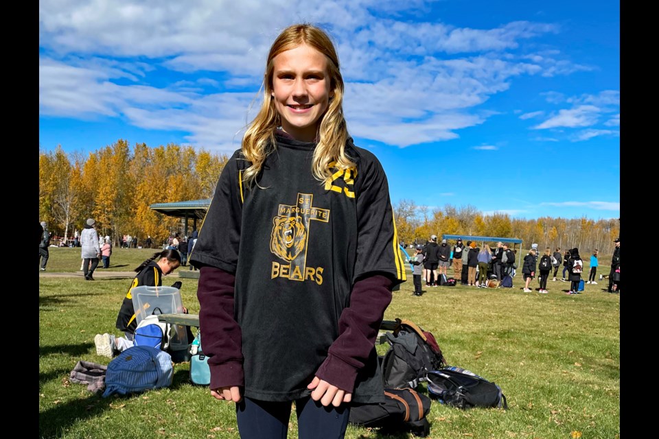 Lily Glazebrook, a Grade 7 track and cross country running star from St. Marguerite Bourgeoys Catholic School, claimed a silver medal at Innisfail’s CEAA-CENAA Cross Country Run on Oct. 5 at Centennial Park. Johnnie Bachusky/MVP Staff