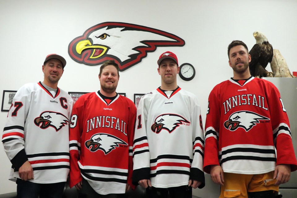 The committed players of the Innisfail Eagles are anxiously preparing for their home opener on Dec. 4. From left to right is team captain Joe Vandermeer, Riley Simpson, Chad Robinson and Jeremie Perron. Johnnie Bachusky/MVP Staff