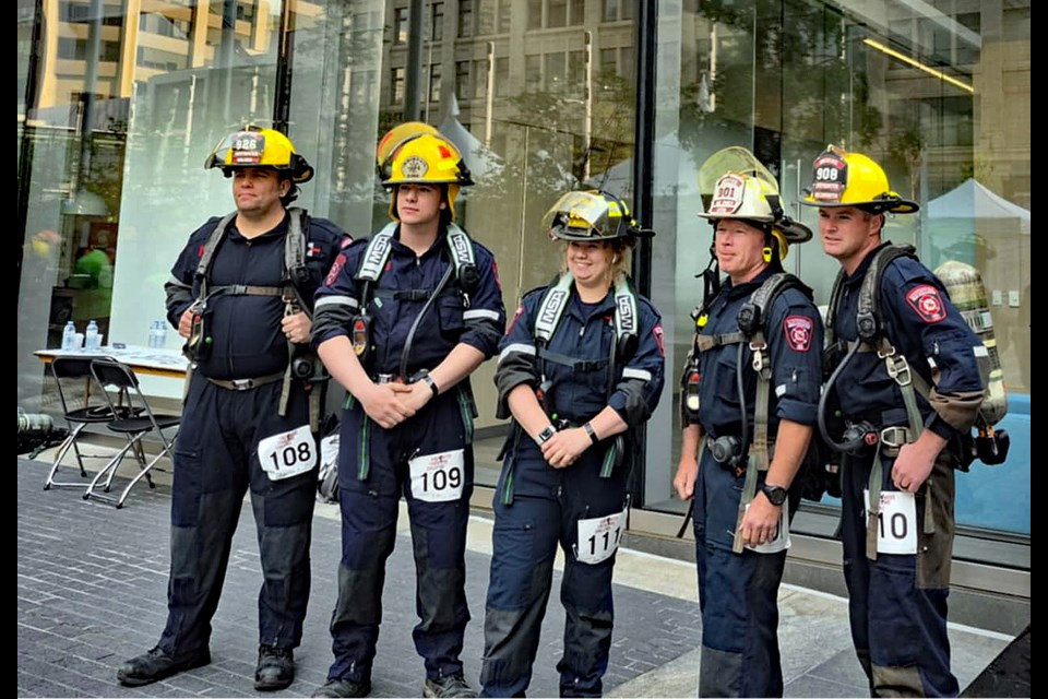 Five of Innisfail's firefighting heroes attended the 11th annual Firefighter Stairclimb Challenge in Calgary on June 8. Left to right are Innisfail firefighters Brody Holsworth, Gary Leith, Megan Berg, Brett Hall and Jake Walker. Submitted photo