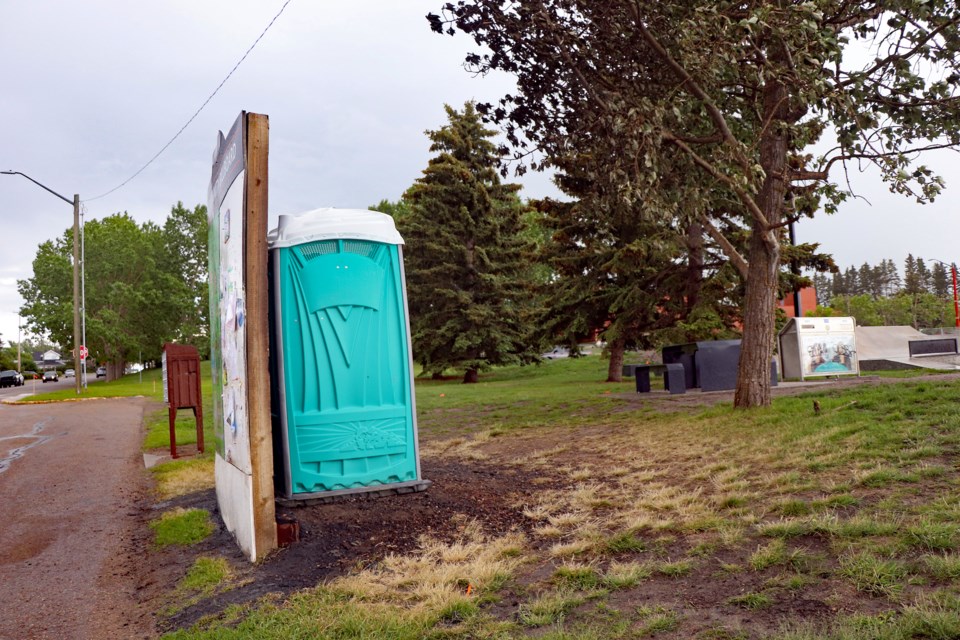 A deliberately set fire at the Innisfail Skatepark on June 20 destroyed two porta potties. By June 22 at least one was already replaced at the site. Johnnie Bachusky/MVP Staff