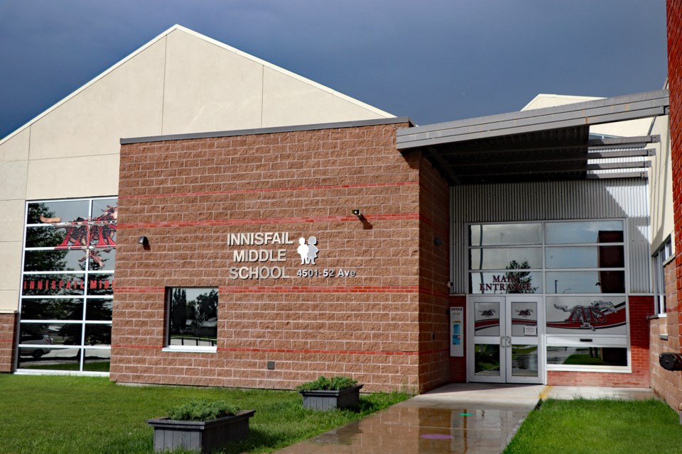 The front of the Innisfail Middle School. Early in the morning on June 20th a garbage can outside had been lit on fire but was later successfully put out by Innisfail firefighters. Johnnie Bachusky/MVP Staff