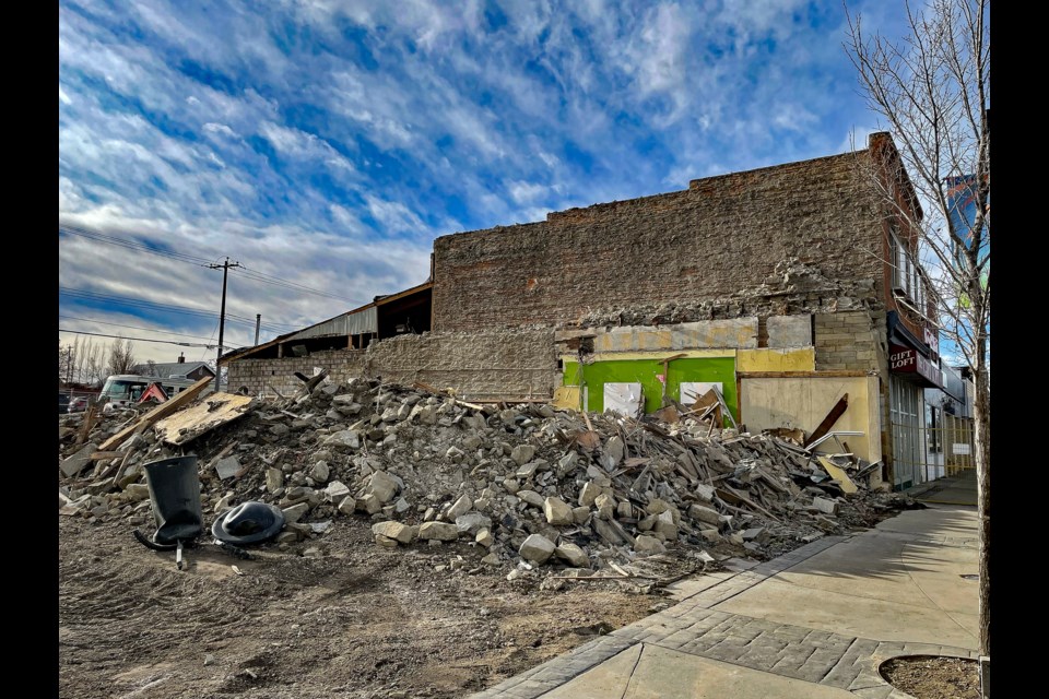 Innisfail's historical block along Main Street between 50 Street and 50 Avenue has changed dramatically after the demolition on Nov. 8 of the 115-year-old Globe Coliseum, which for days afterwards was left in a pile of rubble next to the Jackson Building, the longstanding home of The Gift Loft. Johnnie Bachusky/MVP Staff