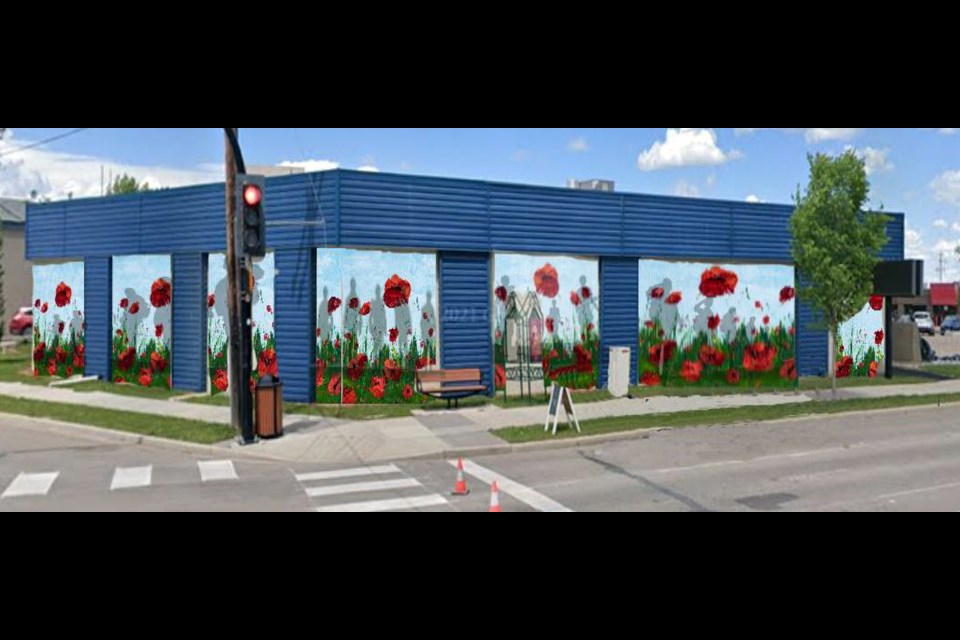 A preliminary rendering of the proposed mural on the south and west walls of the downtown Innisfail Royal Canadian Legion Branch #104. The rendering and proposed project was unveiled to the public at the Innisfail legion on Nov. 11 following the annual Remembrance Day ceremony across the street at the cenotaph. Submitted rendering by Karen Scarlett