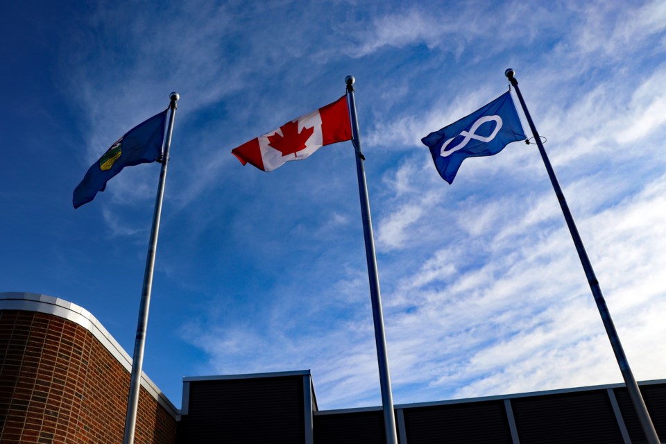 The Métis flag is flying proudly at the Innisfail administration building. The flag was raised alongside the Canadian and Alberta flags on Nov. 12. On Nov. 1, town council approved a request from the the Métis Nation of Alberta to raise the Métis flag during Métis Week, which is being celebrated from Nov. 15 to Nov. 21. Johnnie Bachusky/MVP Staff