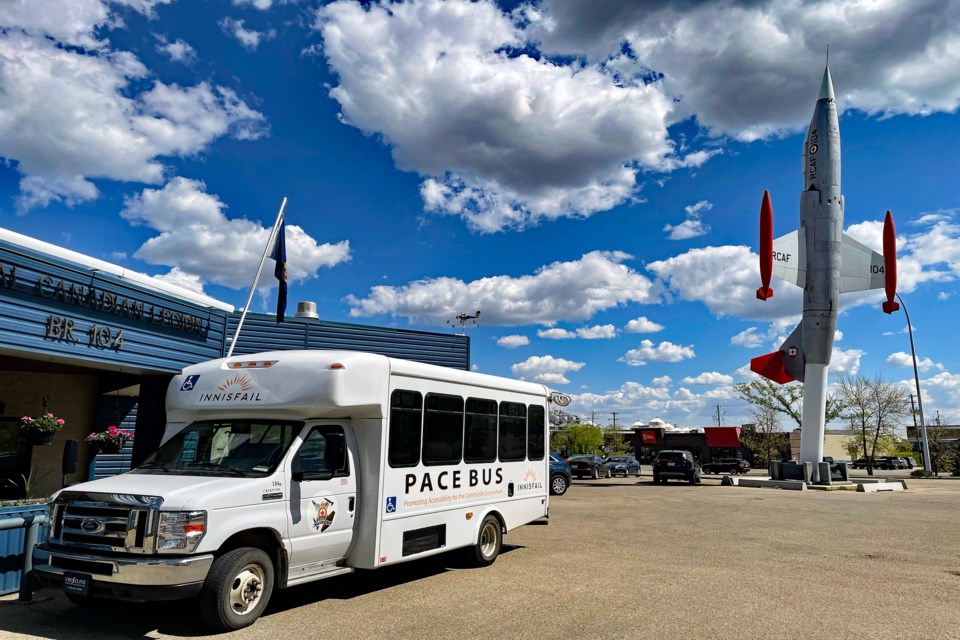 Innisfail's PACE bus parked outside the Innisfail Royal Canadian Legion Branch #104. The Town of Innisfail will soon launch a marketing campaign that the vehicle can be accessed by anyone in town or in the surrounding area for transportation. Johnnie Bachusky/MVP Staff