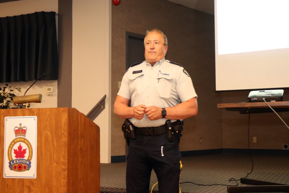 Innisfail RCMP Staff Sgt. Chris Matechuk addressing the audience at the RCMP's first Community Town Hall Meeting on June 23 at the Innisfail Royal Canadian Legion Branch #104. Johnnie Bachusky/MVP Staff