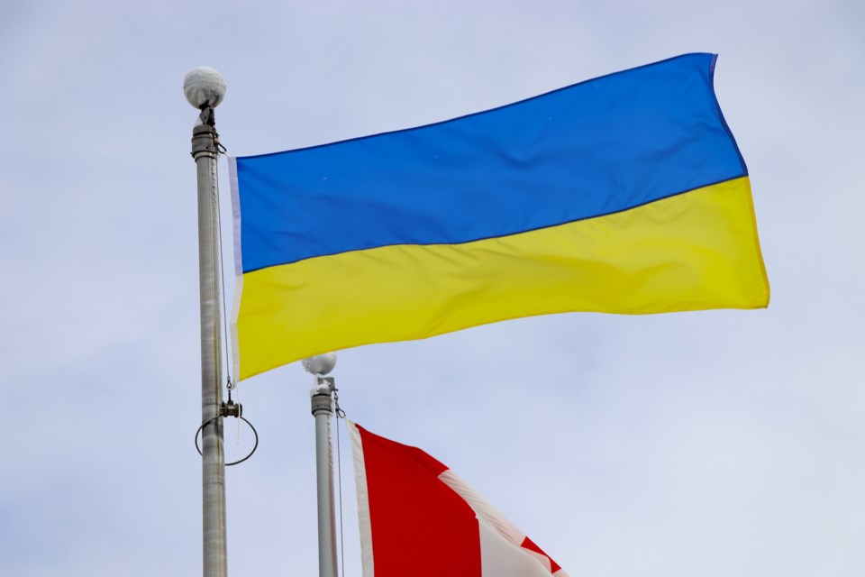 The Ukrainian flag was raised outside the town's administration building on March 4, following town council's decision on Feb. 28 to honour the Ukrainian community. Johnnie Bachusky/MVP Staff  