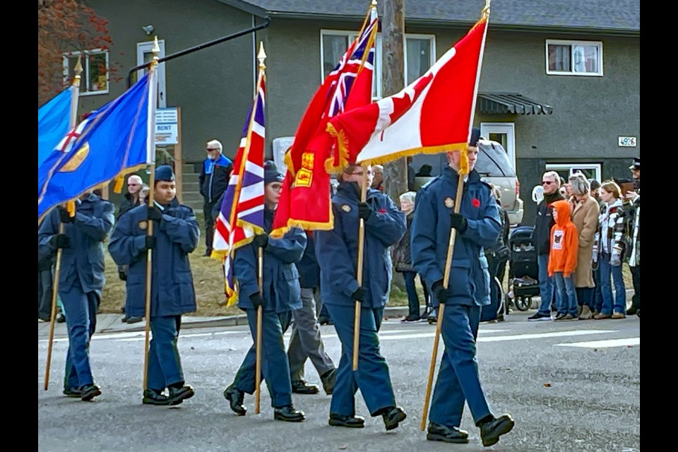 The colour guard from the 7 Penhold Air Cadet Squadron proudly march along Innisfail's Main Street on Nov. 11 at the start of the 2023 Remembrance Day ceremony. Johnnie Bachusky/MVP Staff