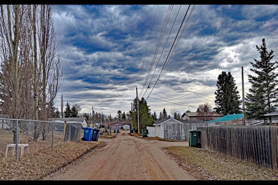 A back lane in Innisfail. From the start of June to the end of July, the Town of Innisfail is making improvements to about 3.7 kilometres of back lanes. Johnnie Bachusky/MVP Staff