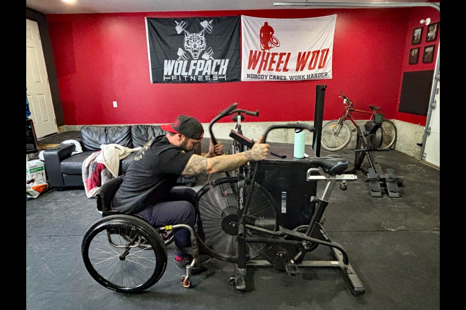 Adaptive athlete Wacey Morrison works out at his Innisfail home gym. He is aiming to become the best in the world after finishing second in 2023. Johnnie Bachusky/MVP Staff
