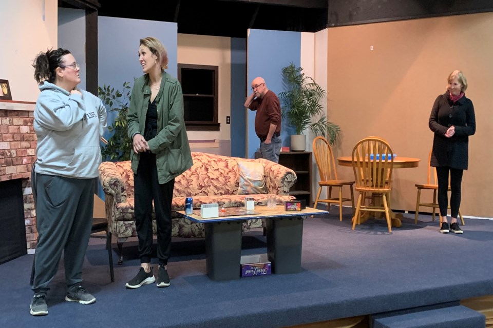 Actors go through a recent rehearsal for Innisfail Town Theatre's new spring production Drinking Alone. From left to right is Christine Chalaturnyk, Kylie Specht, Michael Sutherland and Janice Bell. Photo by Jim Stenhouse