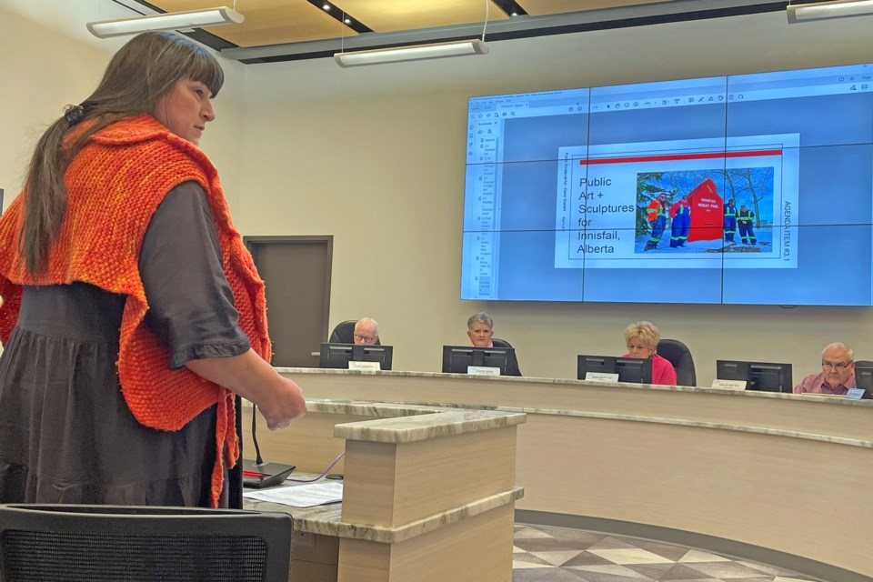 Innisfail artist Karen Scarlett makes her public art pitich, specifically sculpture, to town council on Feb. 21. She wants to be involved in the development of the new policy. Johnnie Bachusky/MVP Staff