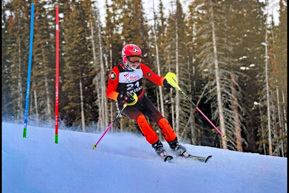Innisfail's Keith Ible skiing at a recent competition at Nakiska where he is competing this week at the Canadian Masters Alpine Championships. Submitted photo