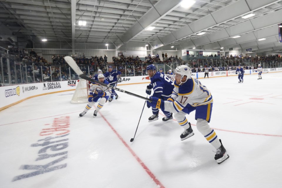 The Buffalo Sabres played against the Toronto Maple Leafs during the winning ceremony for the title of Kraft Hockeyville 2023, which was won by the West Lorne Arena in Ontario.  
Photo courtesy of Dave Sanford