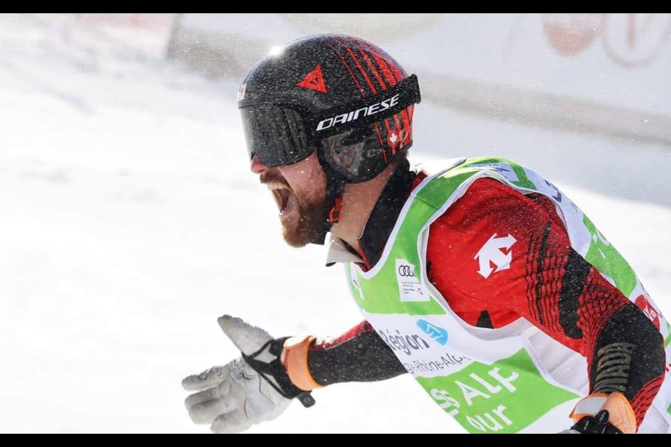 Ski cross racer Kris Mahler in a celebratory mood.