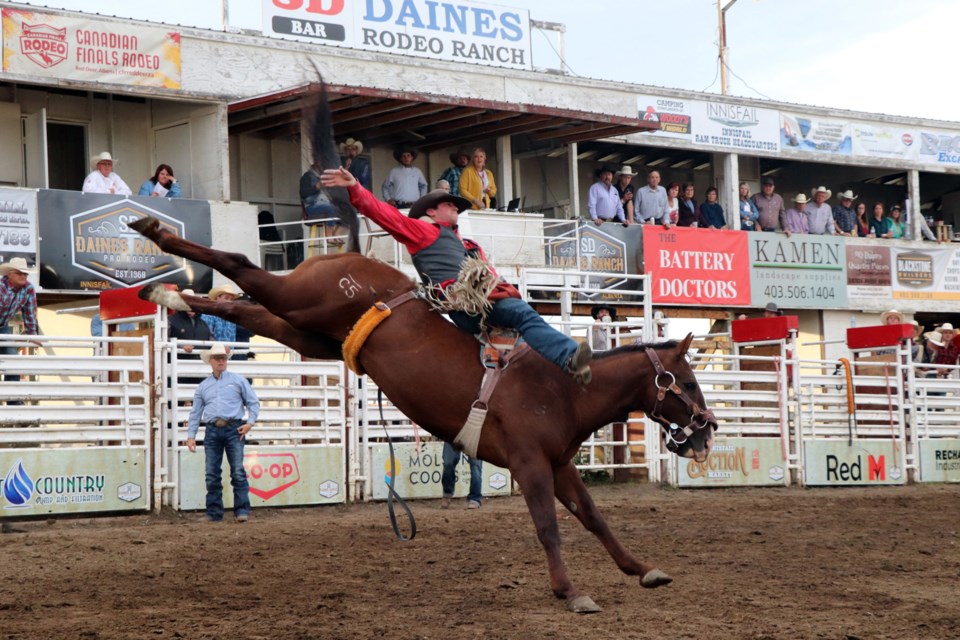 Bowden-area's Ky Marshall has a fine bareback ride on Sept. 4 at the 2021 Daines Ranch Pro Rodeo. Johnnie Bachusky/MVP Staff