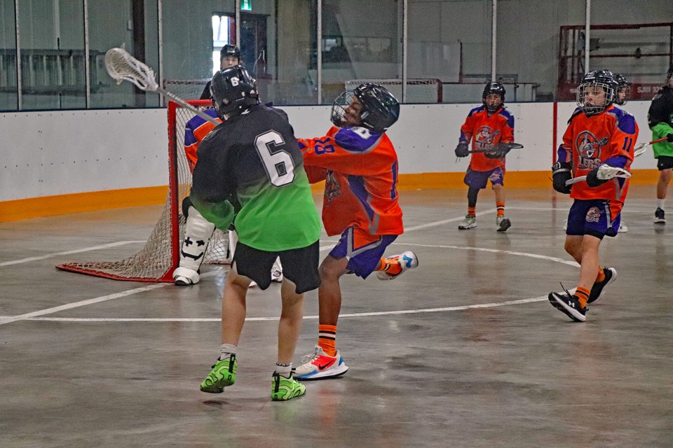 The Chargers from Didsbury and Carstairs on the attack during their gold medal game against the Brooks Drillers on June 1 at the inaugural Gauntlet at the Grove U11/U13 Lacrosse Tournament in Innisfail. The Chargers won the game 5 - 2  to take the gold medal. Johnnie Bachusky/MVP Staff
