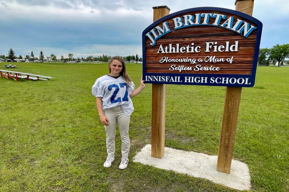 Innisfail's Lillian Watkinson is the first Central Alberta girl to play tackle football on an Alberta team for the first-ever 2022 Women's Under-18 Championship. 
Johnnie Bachusky/MVP Staff