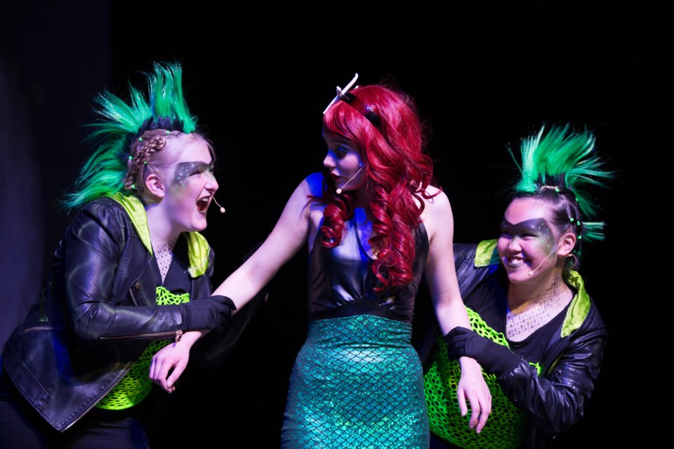 Opening night of The Little Mermaid, presented by the Olds High School drama club, took place this past weekend at the TransCanada Theatre. Here, Ariel (Ella Challoner) is enticed by two eels (Emily Williams, Candice Brandson) to go to Ursula, the sea witch. Noel West/MVP Staff