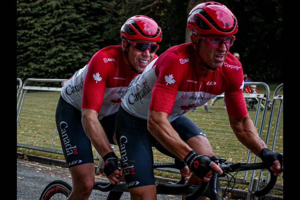 Lowell Taylor, left, and pilot Ed Veal competed this past August at a world championship event in Glasgow, Scotland. The duo raced in numerous events, including a 108-kilometres road race in Dumfries, where they following a good start found themselves pushed into the rails before crashing. Fortunately, they were unhurt and their bike was not damaged and they were able to return to the race. Although they managed to make up lost ground and started catching up, they ended up 11th out of 28 teams. 
Courtesy of Jasmin Honold Photography