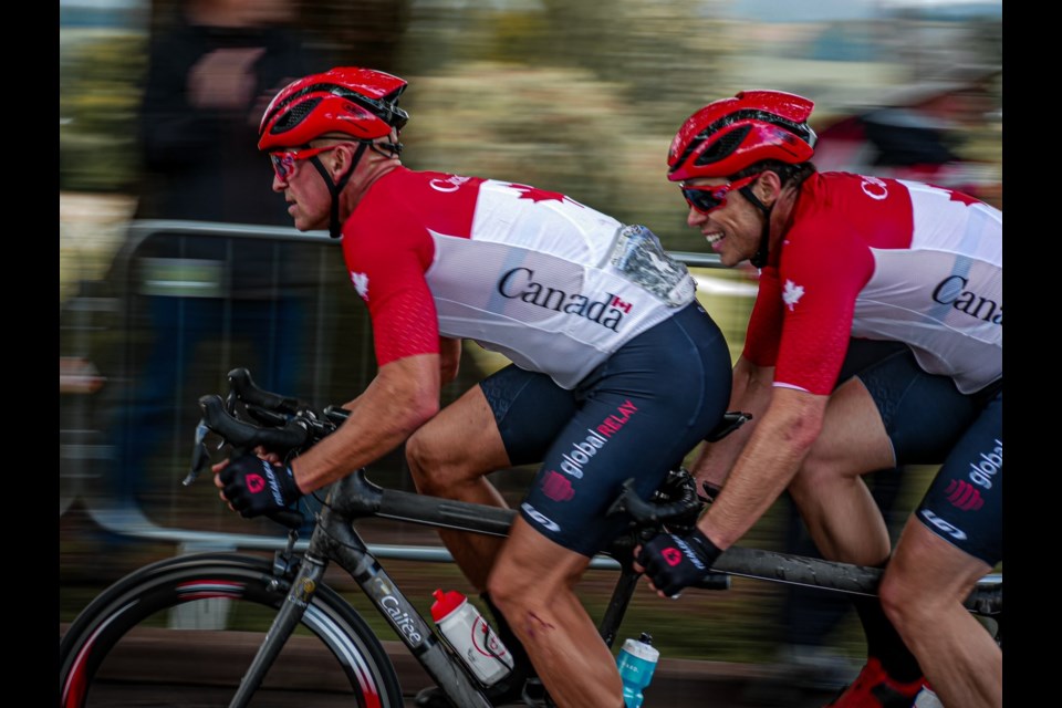 Lowell Taylor, right, and pilot Ed Veal competed this past August at a world championship event in Glasgow, Scotland. The duo raced in numerous events, including a 108-kilometres road race in Dumfries, where they following a good start found themselves pushed into the rails before crashing. Fortunately, they were unhurt and their bike was not damaged and they were able to return to the race. Although they managed to make up lost ground and started catching up, they ended up 11th out of 28 teams.
Courtesy of Jasmin Honold Photography