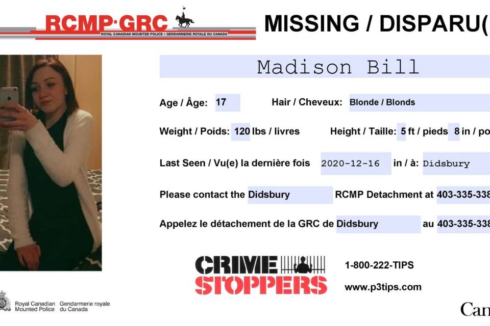 Madison Bill was reported missing on Dec. 24. 
Photo courtesy of Didsbury RCMP