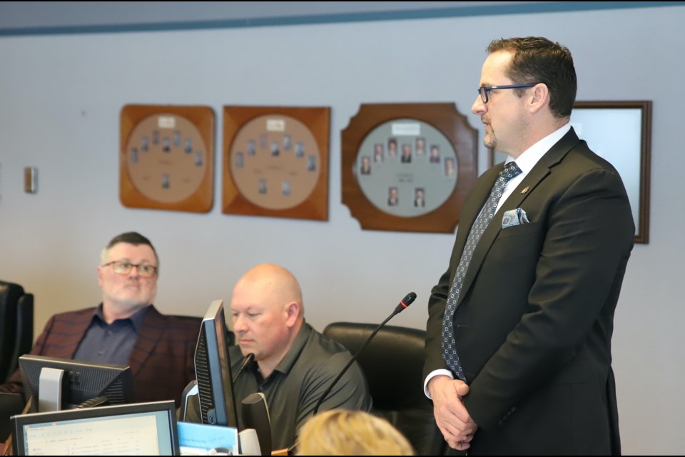 Olds Regional Exhibition (ORE) president James Carpenter speaks in favour of the bylaw to allow manufactured homes on a piece of land near the ORE.